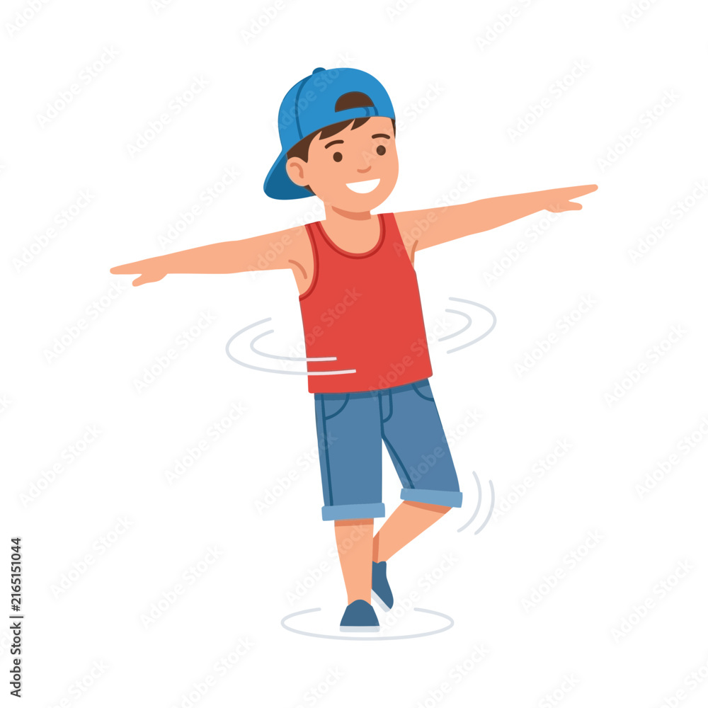 Fototapeta premium A cute cartoon illustration of a happy little boy spinning around with arms outstretched wearing a cap