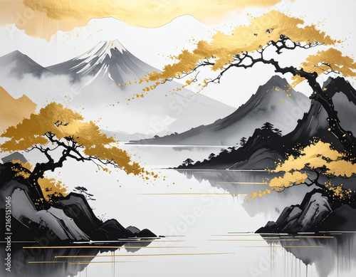 富士山と松を描いた水墨画、墨絵　風景　金箔　和風　日本画　グラフィック 正月　年賀　お祝い　フレーム　背景　壁紙