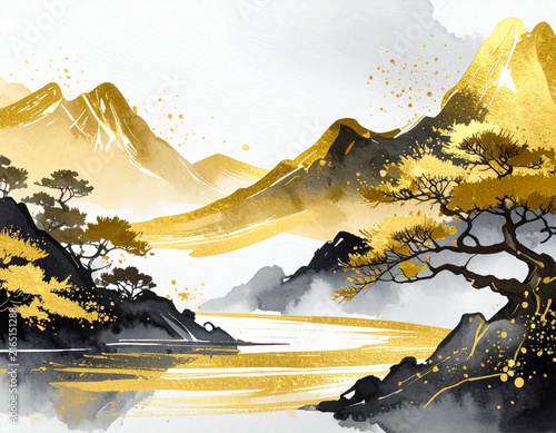 山と松を描いた水墨画、墨絵　風景　金箔　和風　日本画　グラフィック 正月　年賀　お祝い　フレーム　背景　壁紙