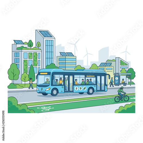Sustainable Urban Public Transportation System Featuring Modern Electric Buses and Eco Friendly City Infrastructure for Green Commuting