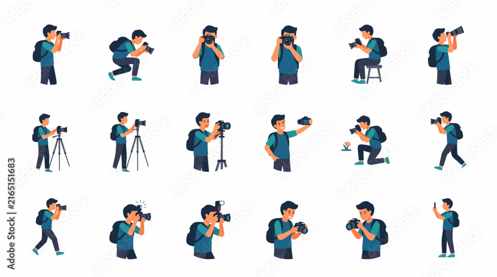Fototapeta premium Collection of cartoon illustrations depicting a male photographer in various poses, holding a camera, using a tripod, and taking photos.