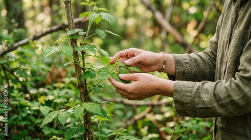 Close up of human hands gently touching green leaves on a tree branch in a sunny forest, symbolizing connection with nature, environmental care, sustainability, and organic