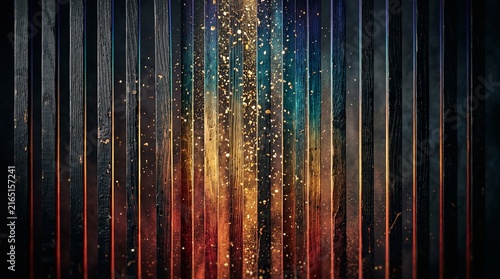 Abstract Symphony of Light and Color: A captivating visual blend of vertical dark metallic streaks, illuminated by a vibrant cascade of golden sparks and iridescent hues of blue, orange, and red.