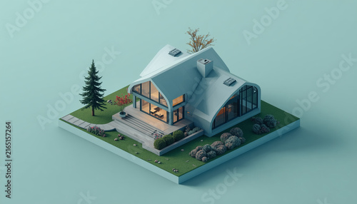 A small modern minimalist house isometric perspective, 3D model miniature
