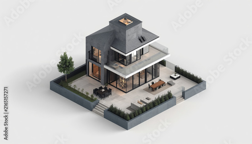 A small modern minimalist house isometric perspective, 3D model miniature
