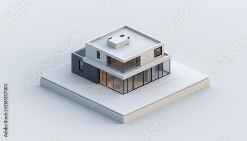 A small modern minimalist house isometric perspective, 3D model miniature