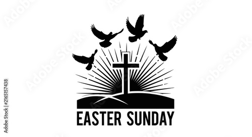 Canvas Print Easter sunday logo with cross with featuring cross doves black white easter dove