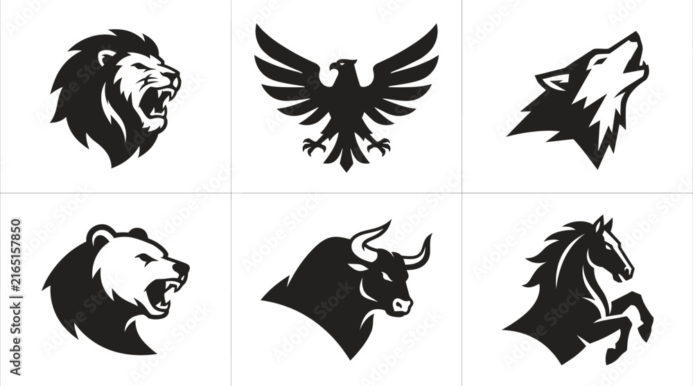 Fototapeta premium Collection of Professional Black and White Animal Head Logos Featuring Lion Eagle Wolf Bear Bull and Horse Symbols for Branding and Sports Mascots