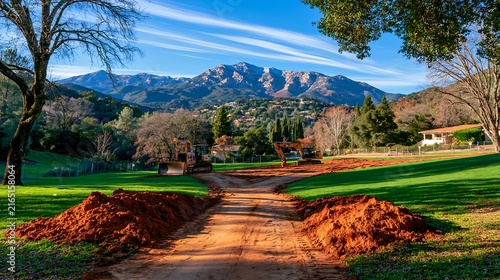 Construction site with excavators and roller on dirt road against lush green field and distant mountains under blue sky