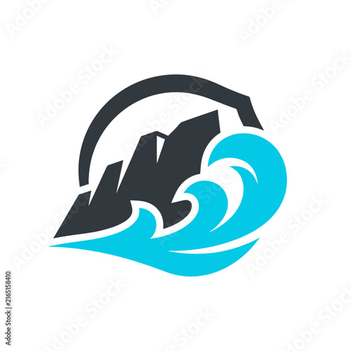 Coastal Protection Icon Featuring Wave and Mountain Symbol