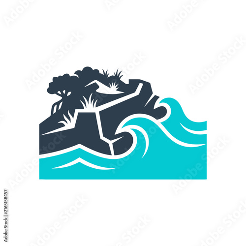 Coastal Protection Icon with Island and Waves Vector Design