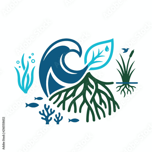Eco Illustration of Wave Leaf Roots and Aquatic Life Green