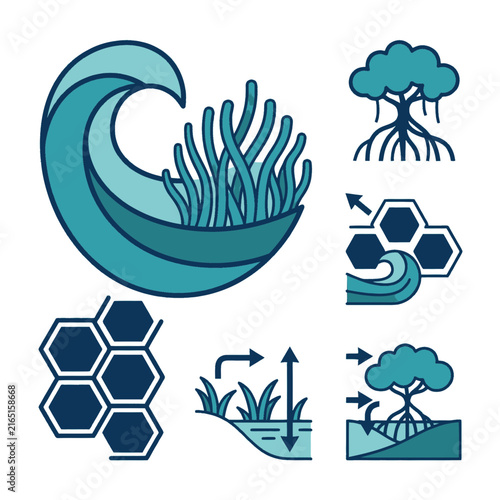 Eco Illustration of Wave Seaweed Tree Honeycomb Flow Arrows