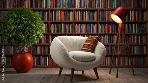 Cozy armchair in a warm library with a floor lamp and potted plant