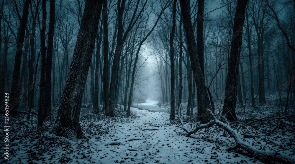 Snow-covered winter forest in thick fog