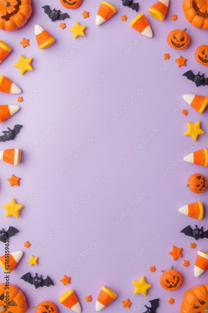 Fototapeta premium Halloween flat lay vertical composition with candy corn and pumpkins on purple background trick or treat still life halloween pumpkins celebration seasonal decorations top view copy space