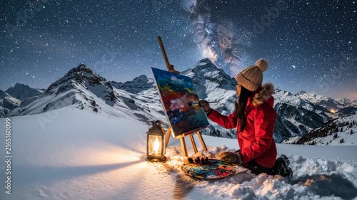 Woman painting on canvas in snowy mountains at night