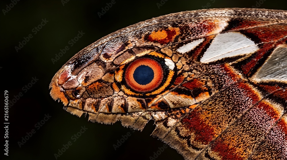 Naklejka premium Atlas moth wing macro detail, giant silkworm moth mimicry patterns, exotic insect wing texture with snake head camouflage