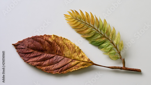 Fallen leaves rest on a plain white surface
