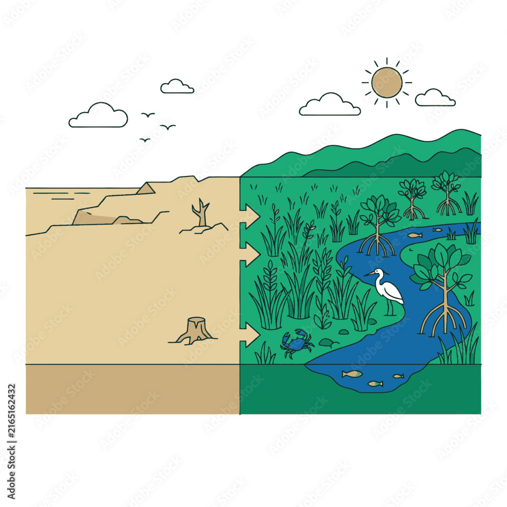 Naklejka premium Ecosystem Restoration Shows Barren Land Becoming Lush Wetland Habitat