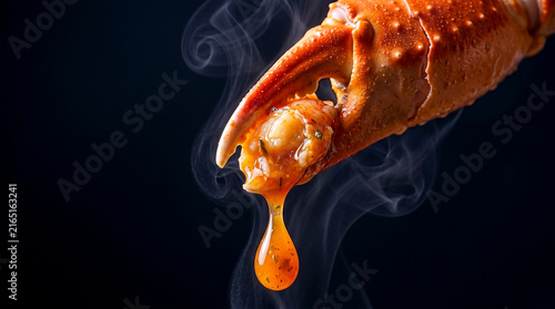 Celebrating Crab Soup Day with a steaming spicy red seafood stew featuring a juicy cooked crab claw dripping rich flavorful sauce in dramatic dark background