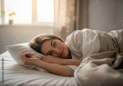 Morning Serenity: A young woman awakens in her cozy bed, sunlight streaming through the window, casting a warm glow on her serene face.