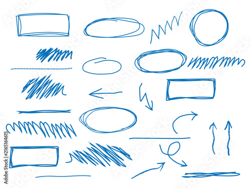 Hand drawn blue doodle set featuring sketchy circles arrows boxes and scribbles