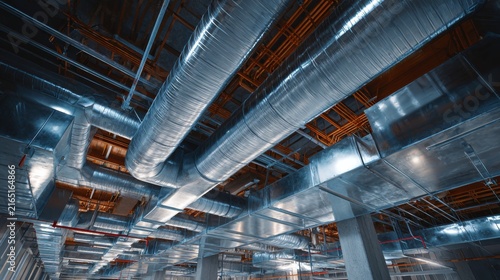 Metal ducts and pipes in a building under construction with visible structure and framework