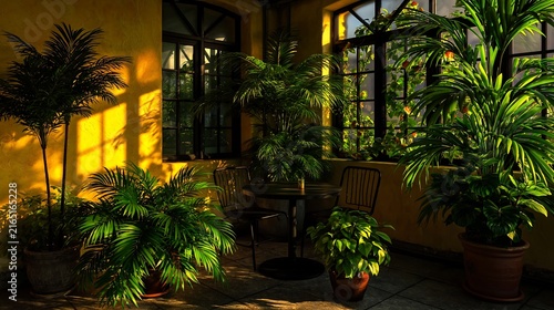 Lush potted plants bathed in warm golden sunlight on a sunny patio with architectural