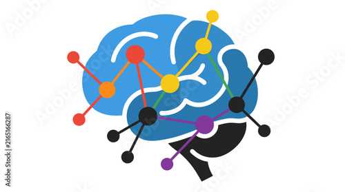 Stylized blue human brain illustration with colorful interconnected nodes and lines, representing neural network connections on white.