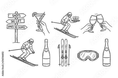 Winter sports ski resort doodle elements set with skiers and beverages skiing doodle equipment skier illustration lift cocktail glass champagne bottle goggles winter vacation