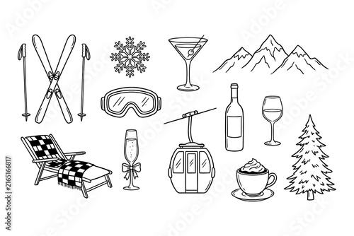 Ski vacation and winter mountain resort doodle set with gondola and drinks gondola lift ski poles goggles wine bottle wine glass hot beverage sketch set hand drawn outline vector