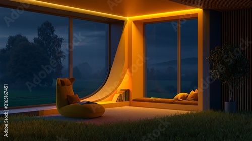 Modern room with cozy bean bag and window seat bathed in warm LED light during twilight