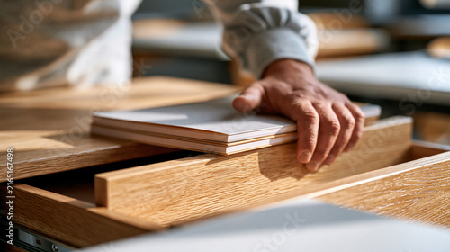 Human hand placing a notebook into a wooden drawer for storage organized nicely on white background