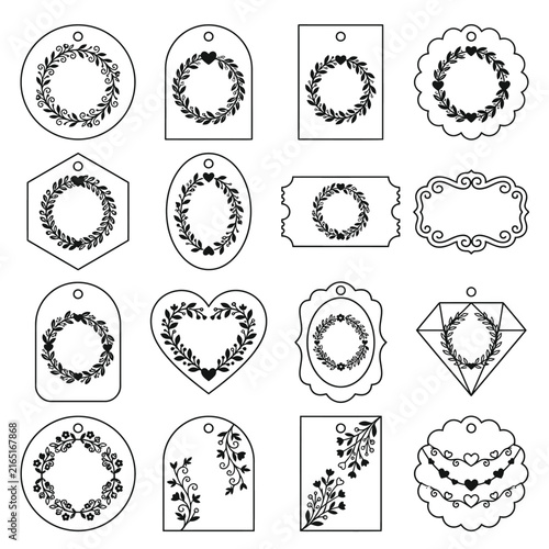 Black and white illustration of sixteen ornate wreaths in various shapes.