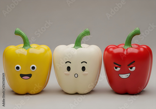 Three cute colorful bell peppers with funny cartoon faces