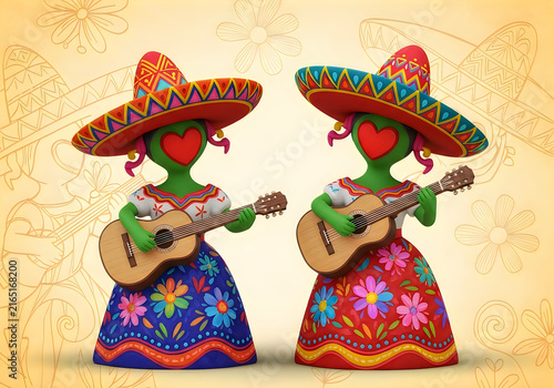Two mexican women in colorful dresses playing acoustic guitars