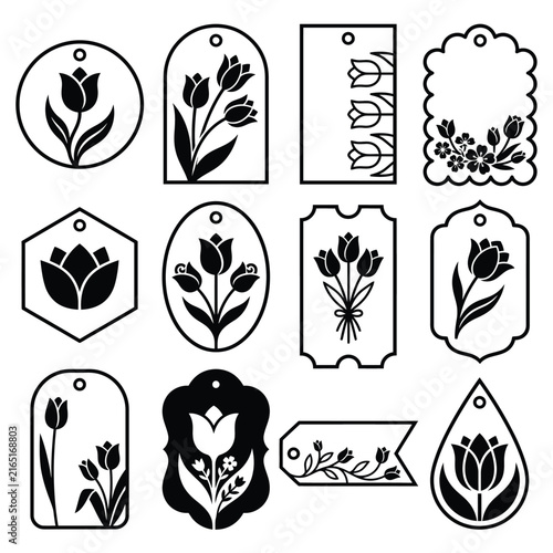Black and white illustration of various tags with floral and geometric designs.