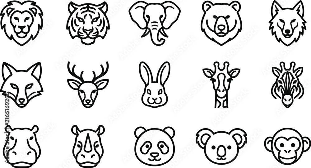 Naklejka premium Collection of various wild animal head icons in a simple black and white line art style