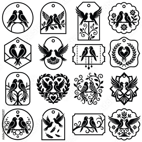 Black and white ornate illustrations of birds, hearts, and intricate designs.