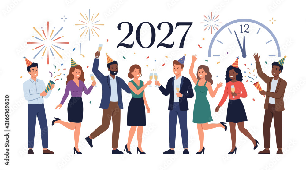 Fototapeta premium Diverse group of professionals celebrating future success in 2027.