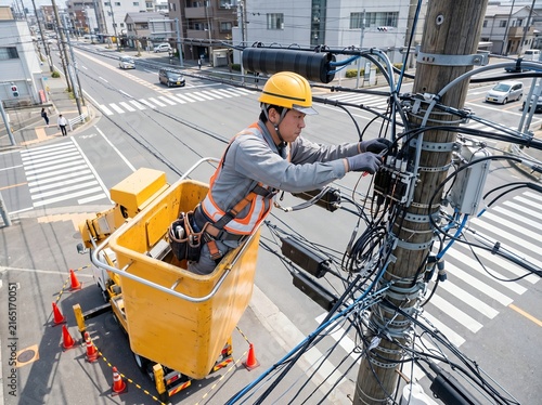 Obraz na płótnie 日中の街中で高所作業車に乗り電柱の配線作業に取り組む作業員