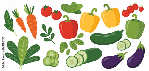  vegetables vector featuring tomatoes, peppers, cucumbers, carrots, eggplants and leafy greens for healthy food and culinary design