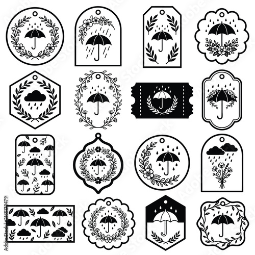 Collection of sixteen black and white decorative labels featuring umbrellas.
