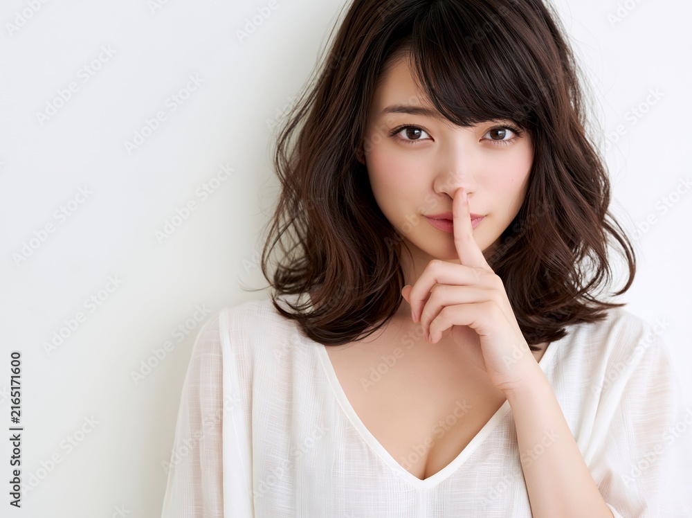 Fototapeta premium 人差し指を口元に当てて秘密の合図をする美しい若い日本人女性のポートレート
