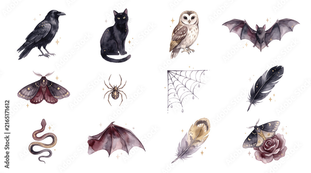 Fototapeta premium watercolor victorian mourning animal symbols set