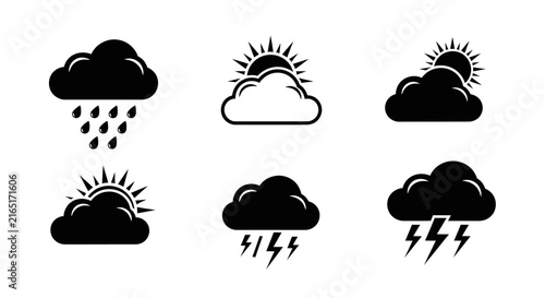 Foto Weather forecast icons set black cloud with six black weather icons white backgr
