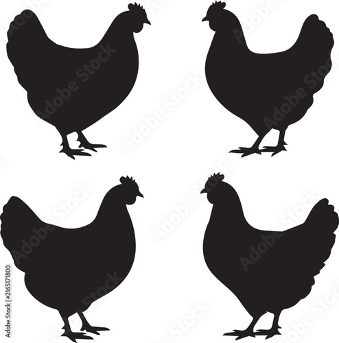 Black silhouette icons of four chickens standing on a white background