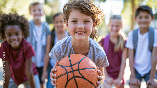 Smiling young child holding basketball while surrounded by diverse classmates posing together on white background