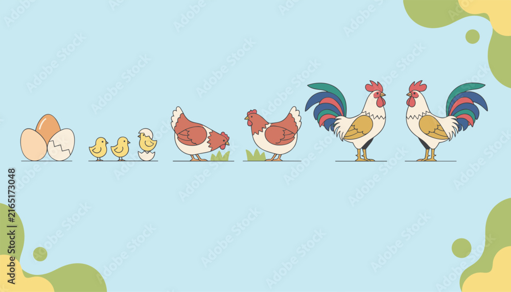 Fototapeta premium Educational illustration showing the life cycle stages of a chicken from egg to chick, young hen, and mature rooster.